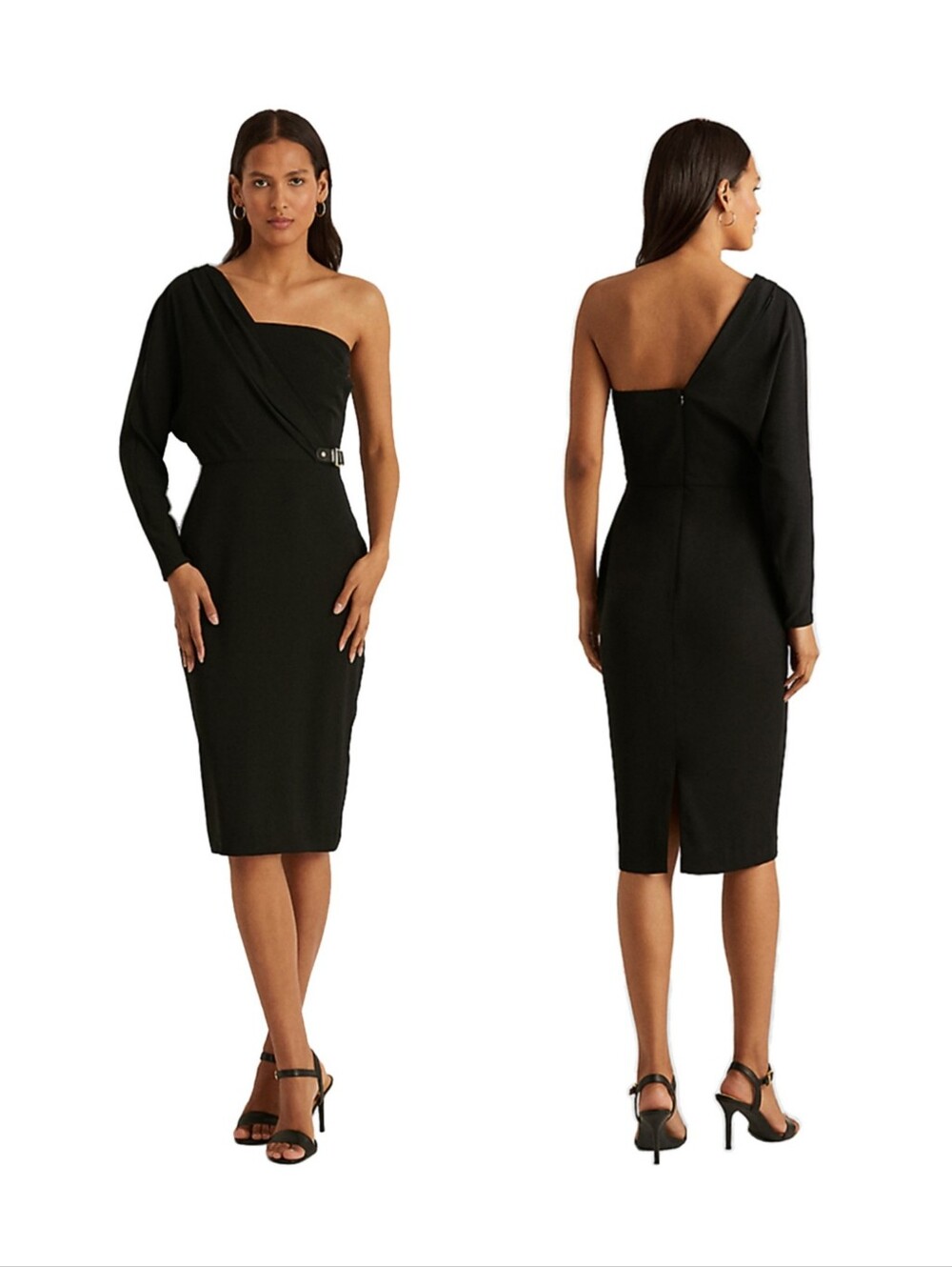 Lauren Ralph Lauren Black One-Shoulder Georgette Cocktail Dress Equestrian Sz 0